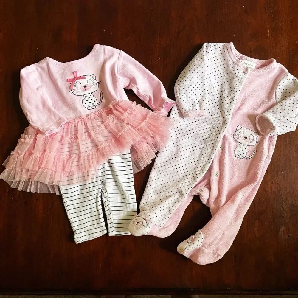 Absorba Baby Girl 3 Piece Outfit Pink Kitty Cat Dress Size 3 Months